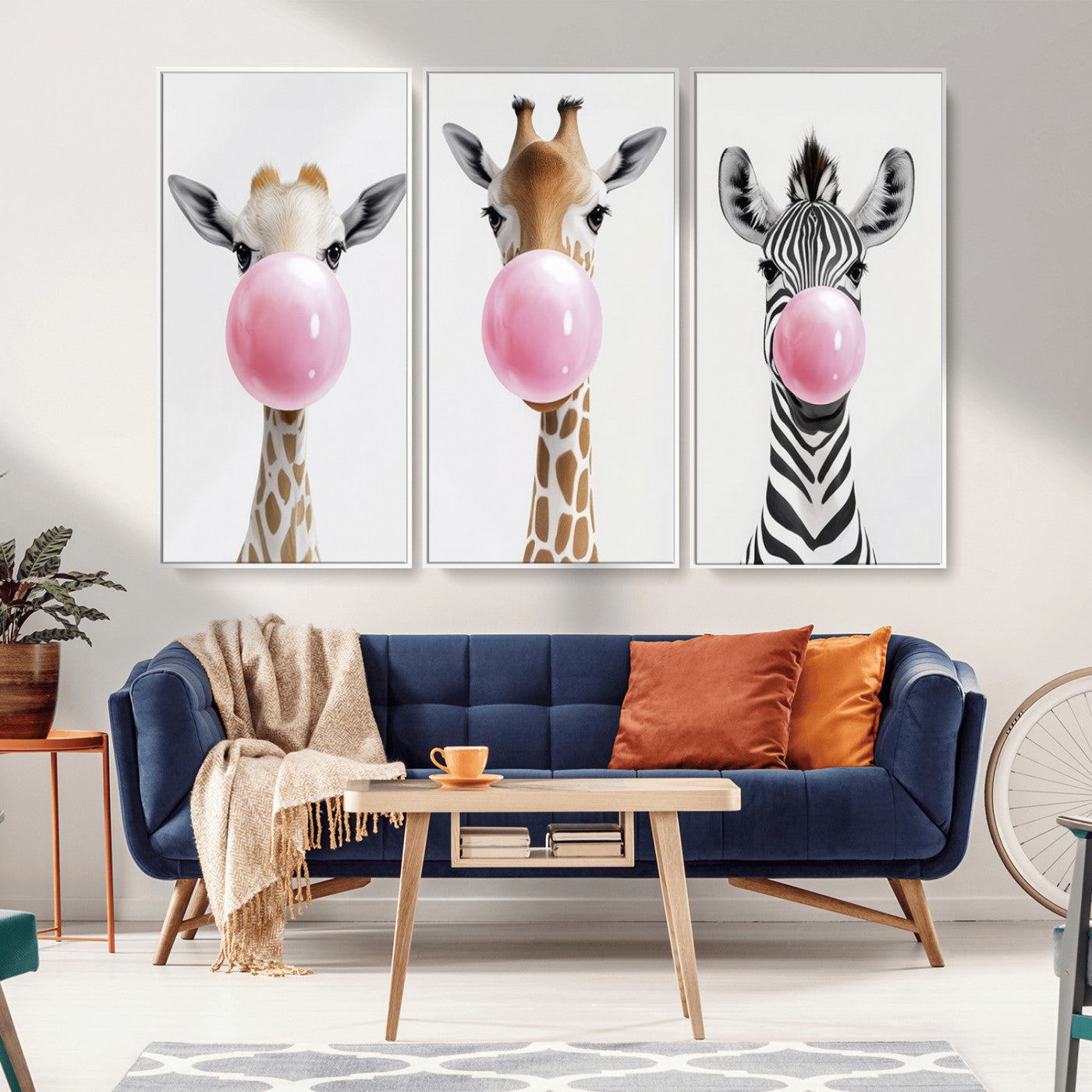 MGV-FC-48X32-3P - Bubblegum Animals Canvas Wall Art - Playful Giraffe and Zebra Trio, Fun Nursery Decor for Kids'