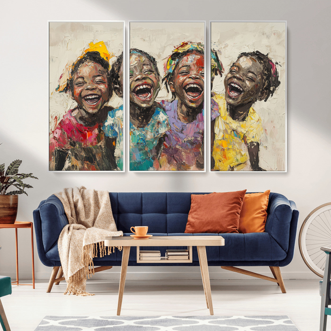 MGV-FC-48X32-3P - Shai Yossef style Joyful Childhood Canvas Wall Art - Expressive Impasto Painting of Black Children