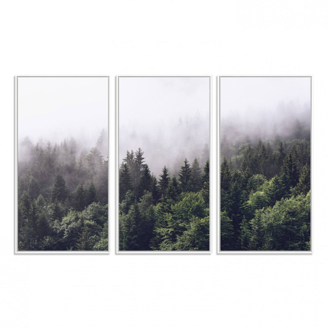 A serene triptych nature print featuring a misty forest, perfect as wall art.