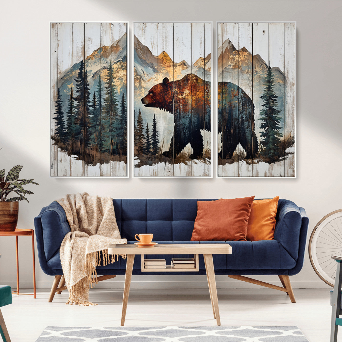 55777-MGV-CV-36X24-Rustic Grizzly 399 Bear and Mountain Wood Canvas Wall Art - Framed Nature Artwork with Forest