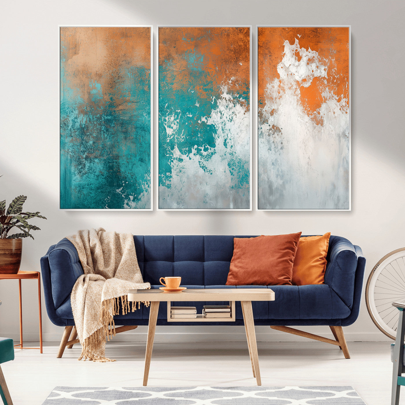 MGV-FC-48X32-3P - Vintage Abstract Print - Bold Teal and Orange Canvas Wall Art - Retro-Vintage Abstract Orange Canvas