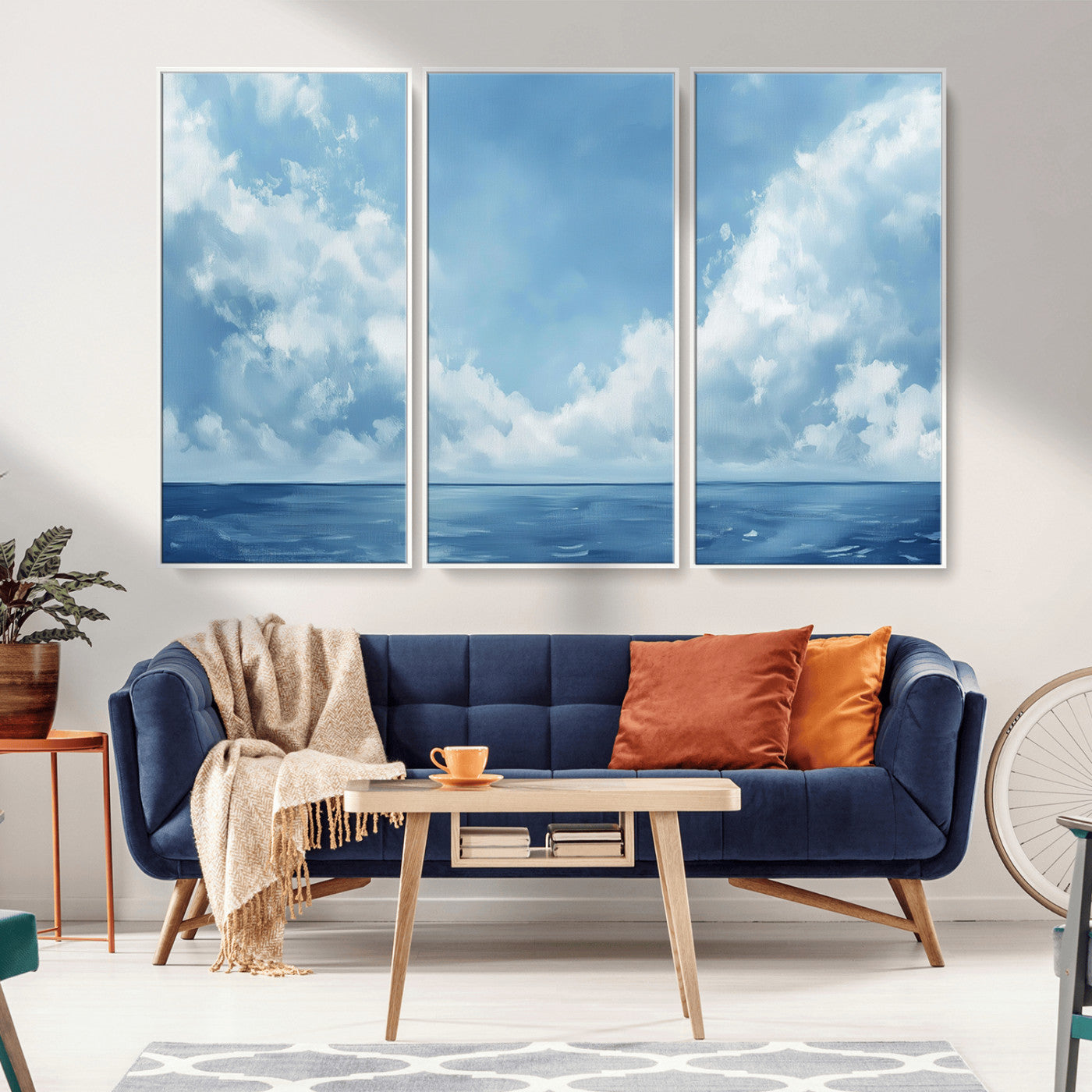 MGV-FC-48X32-3P - Abstract Ocean Print Artwork- Serene Blue Ocean Canvas Wall Art - Minimalist Ocean and Sky Canvas