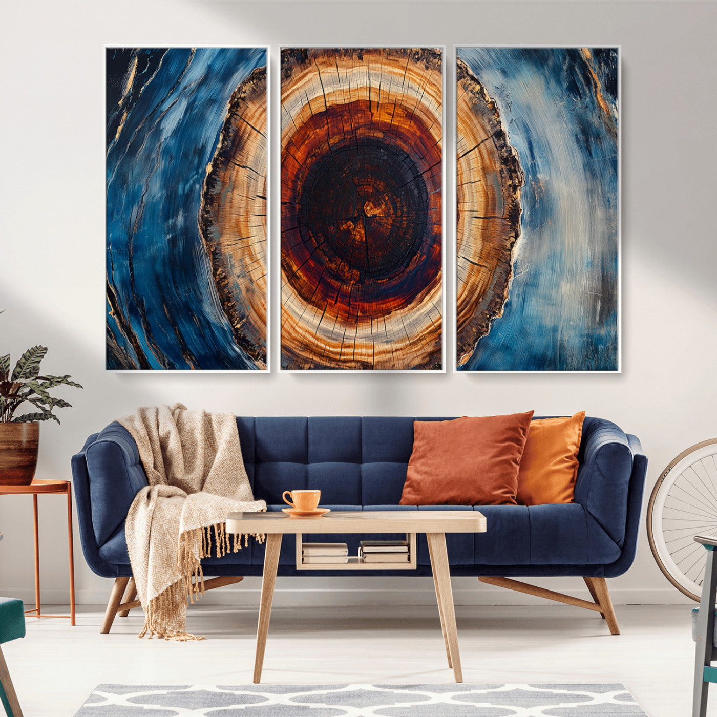 MGV-FC-48X32-3P - Framed Abstract Tree Ring Wall Art Print, Natural Rustic Wood Texture Canvas Print, Wood Tree Stump