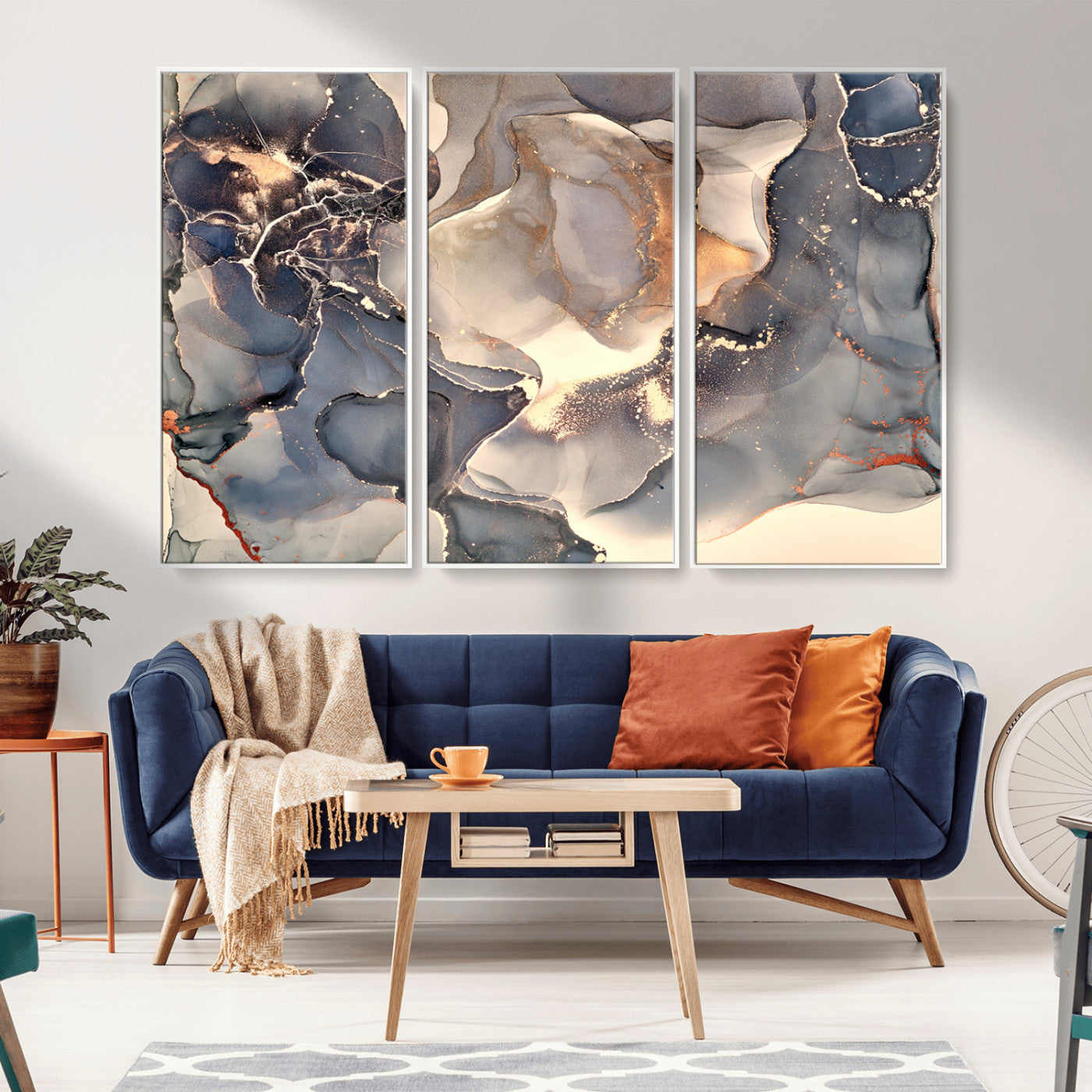 MGV-FC-48X32-3P - Abstract Blue and Gold Wall Art - Fluid Ink Artwork - Modern Luxury Wall Decor for Contemporary