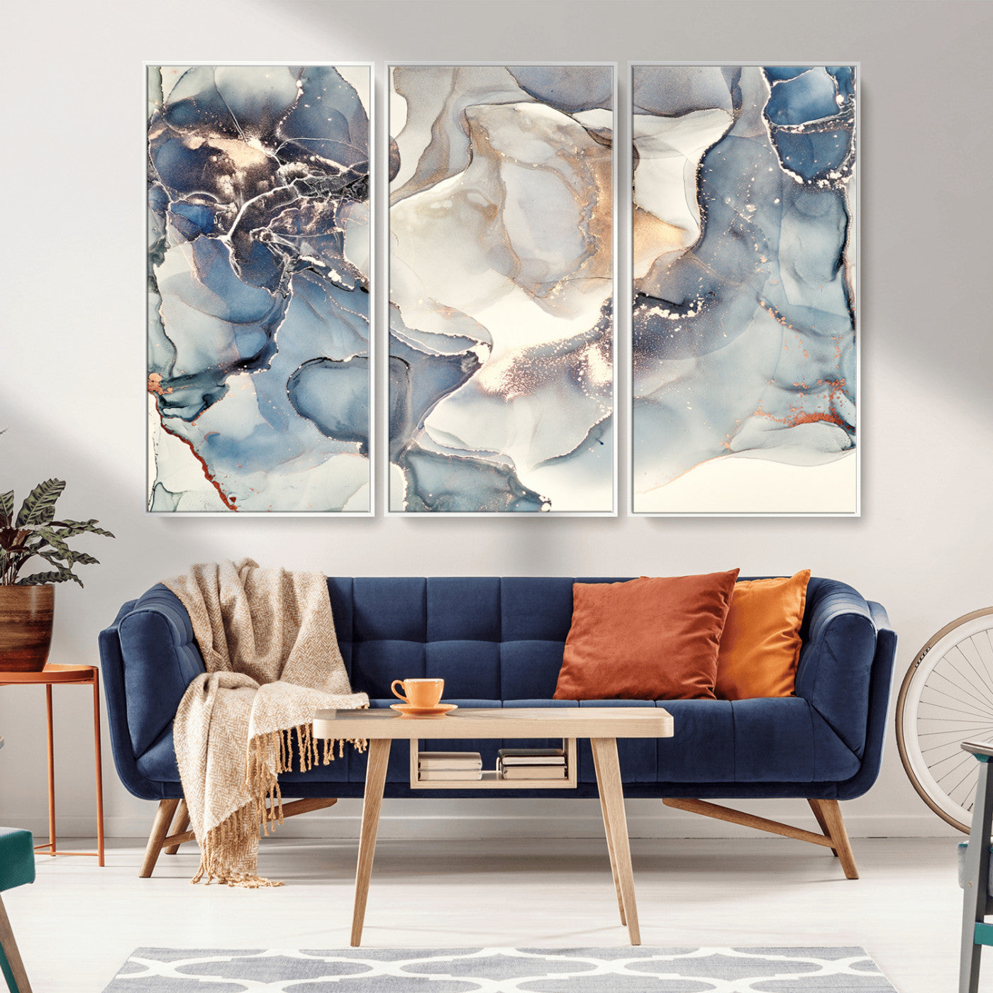 MGV-FC-48X32-3P - Abstract Blue and Gold Canvas Wall Art - Fluid Ink Artwork - Modern Luxury Wall Decor for Contemporary Interiors