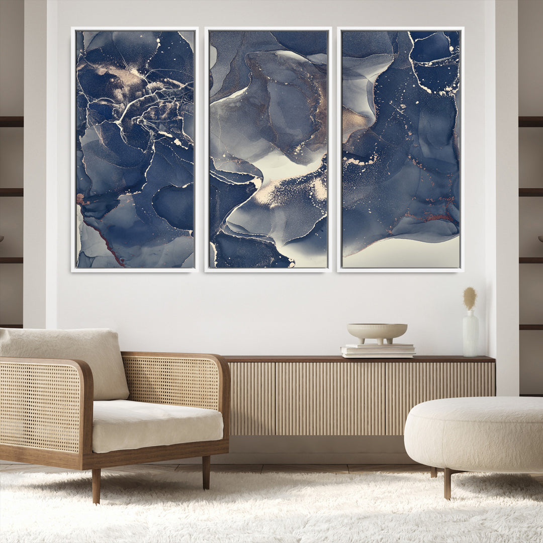 Large Abstract Blue and Gold Canvas Wall Art | Fluid Ink Artwork Print | Luxury Wall Decor for Contemporary Interiors | Framed Ready to Hang