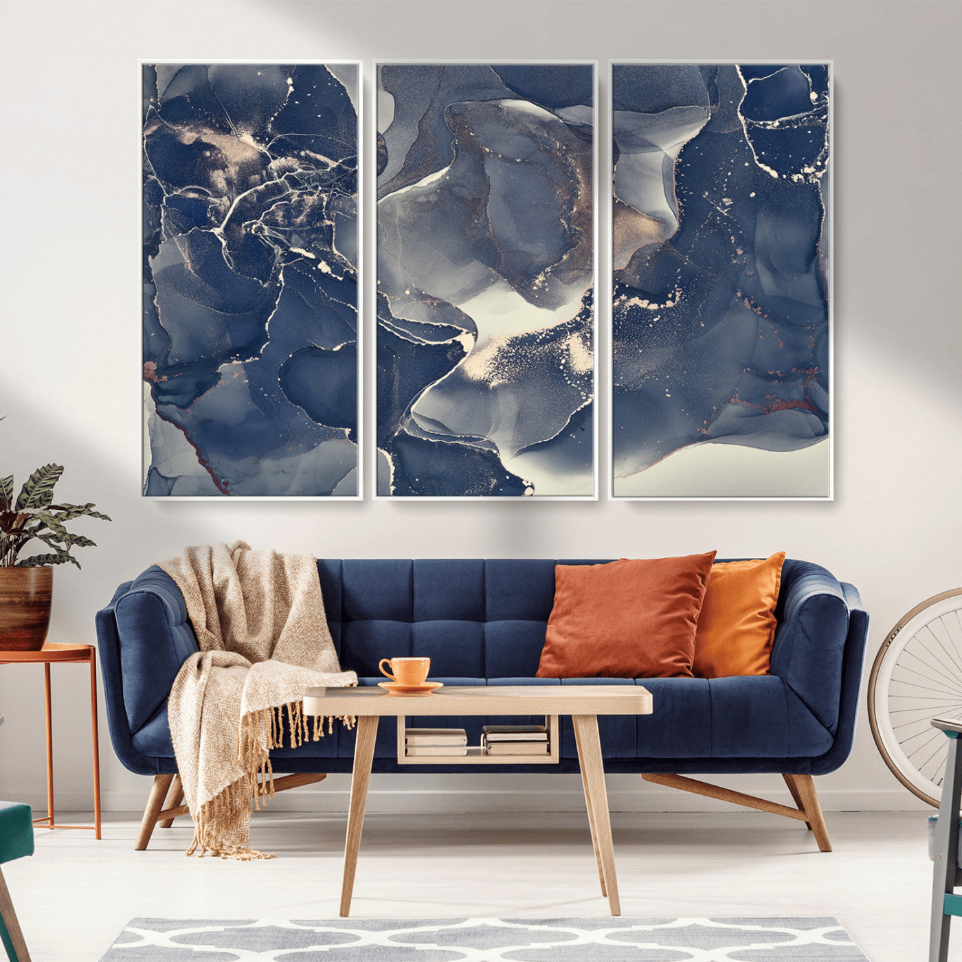 MGV-FC-48X32-3P - Large Abstract Blue and Gold Canvas Wall Art | Fluid Ink Artwork Print | Luxury Wall Decor for