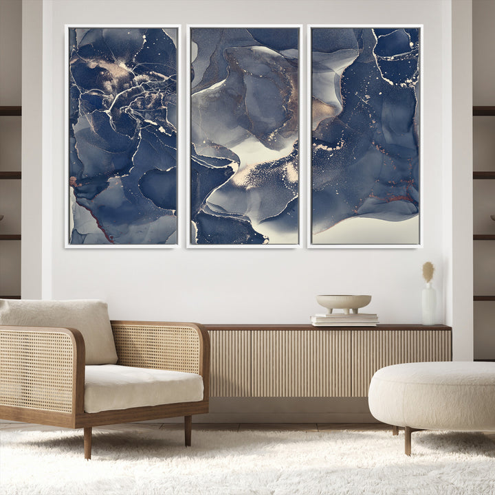Large Abstract Blue and Gold Canvas Wall Art | Fluid Ink Artwork Print | Luxury Wall Decor for Contemporary Interiors | Framed Ready to Hang