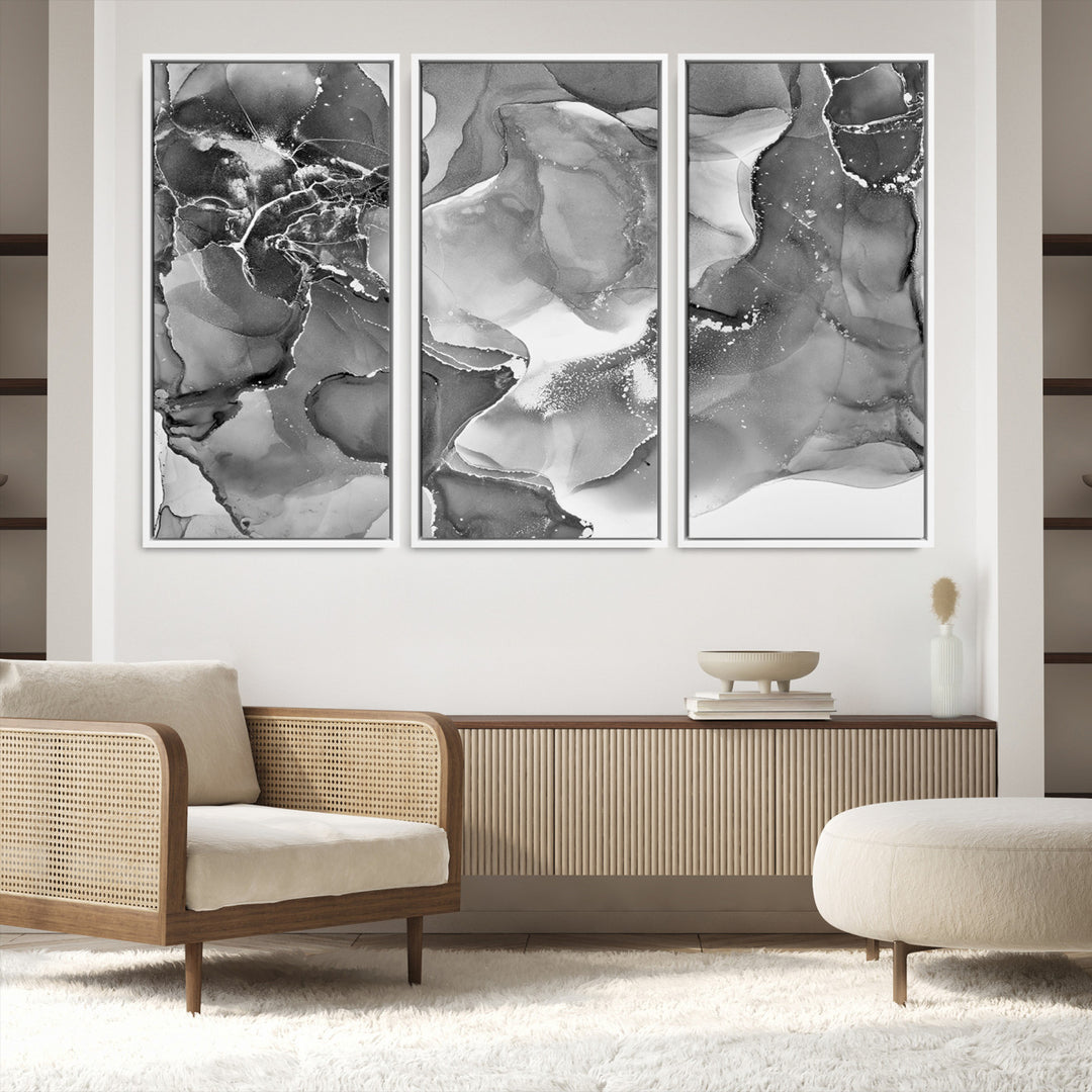 Black White Abstract Canvas Wall Art - Fluid Ink Artwork - Modern Luxury Wall Decor for Contemporary Interiors