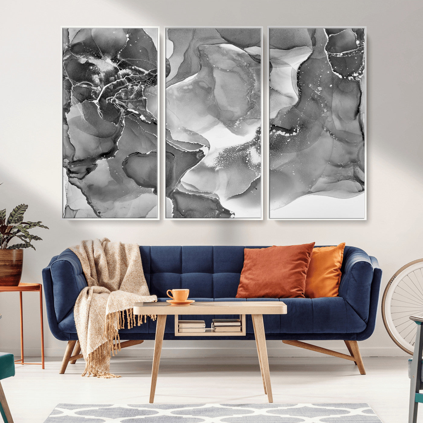 MGV-FC-48X32-3P - Black White Abstract Canvas Wall Art - Fluid Ink Artwork - Modern Luxury Wall Decor for Contemporary