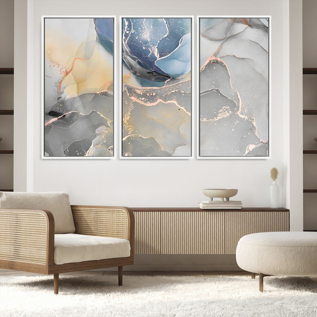 Large Abstract Blue and Gold Canvas Wall Art | Fluid Ink Artwork Print | Luxury Wall Decor for Contemporary Interiors | Framed Blue and Gold