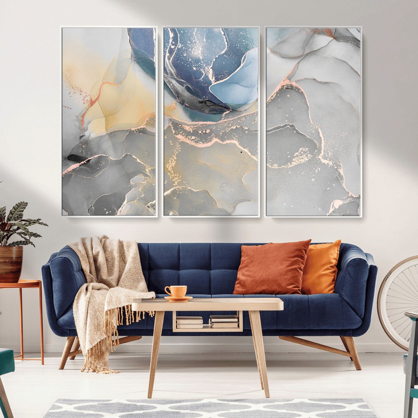 MGV-FC-48X32-3P - Large Abstract Blue and Gold Canvas Wall Art | Fluid Ink Artwork Print | Luxury Wall Decor for