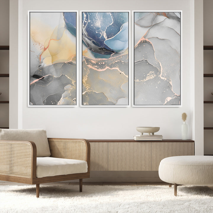 Large Abstract Blue and Gold Canvas Wall Art | Fluid Ink Artwork Print | Luxury Wall Decor for Contemporary Interiors | Framed Blue and Gold