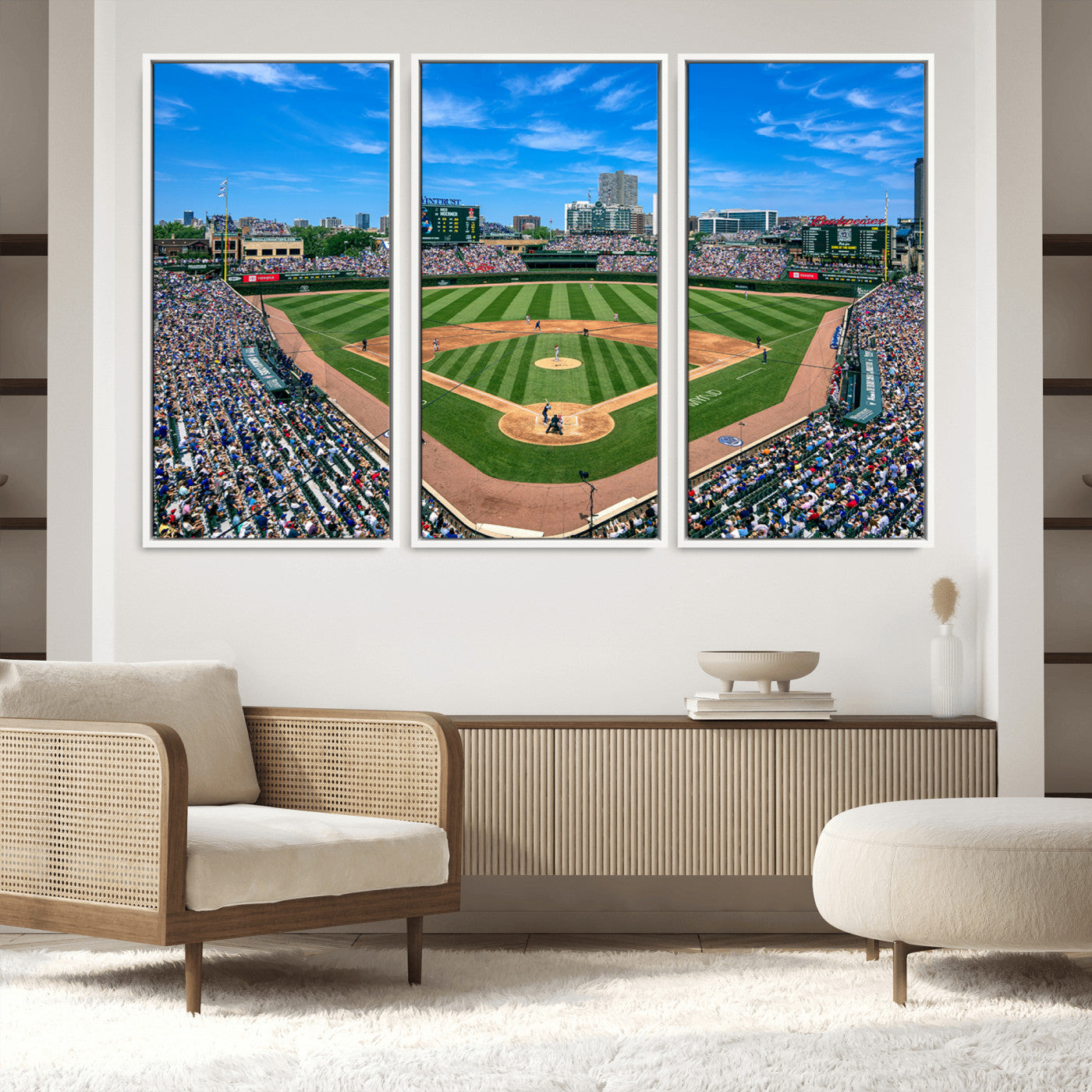 26064-MGV-FC-60X40-3P_White-Framed Wrigley Field Chicago Cubs Print, Panoramic Multi Piece Canvas Wall Art - Iconic Baseball Stadium Print for Sports Lovers - Ready to
