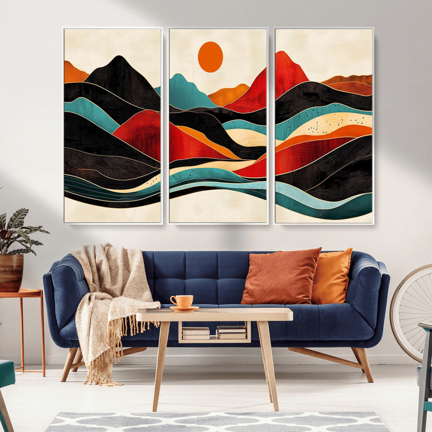 MGV-FC-48X32-3P - Western Wall Decor - Large Triptych Mountain Canvas - Boho Woodland Wall Art Print - Framed
