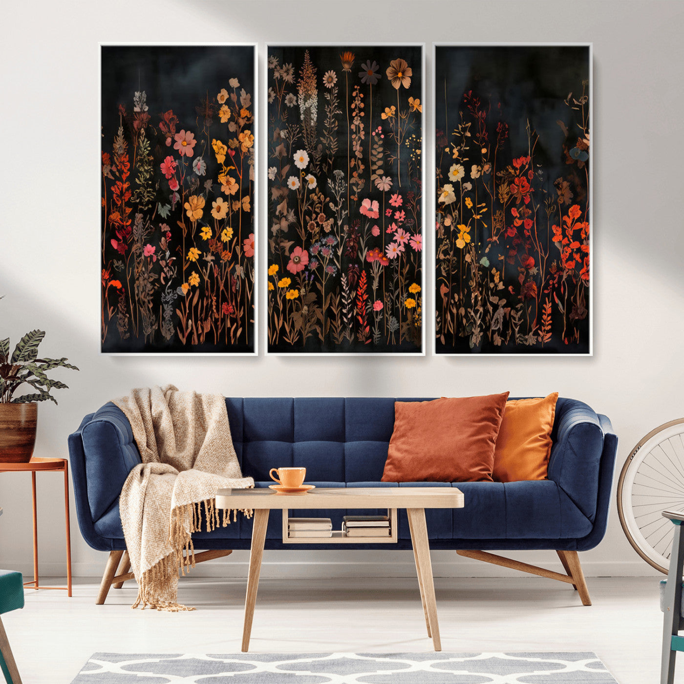 MGV-FC-48X32-3P - Dark Floral Canvas Wall Art - Moody Botanical Flower Print - Rustic Floral Wall Decor for Home -