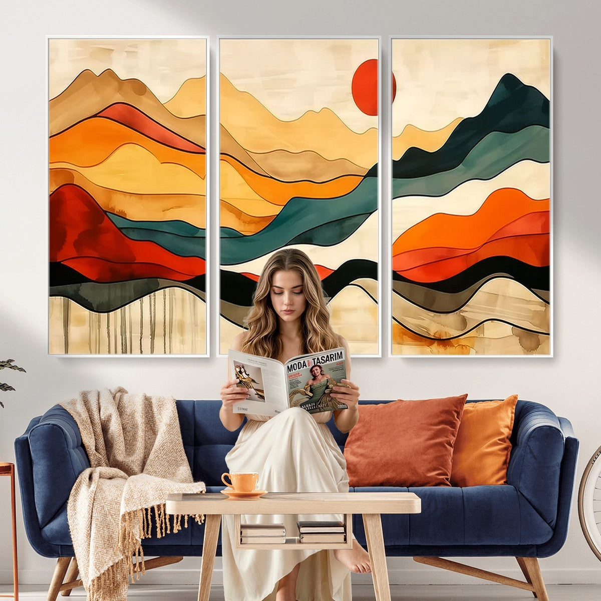 23241-MGV-CV-24X16 - Mid Century Wall Art Print, Abstract Woodland Mountain Print, Panoramic Modern Art