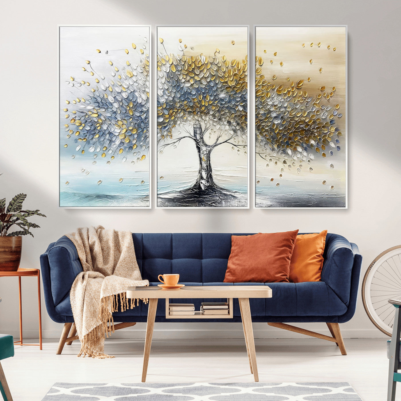 An elegant impasto painting featuring a tree with shimmering silver and gold leaves, blending soft pastels to create a calm and sophisticated atmosphere.