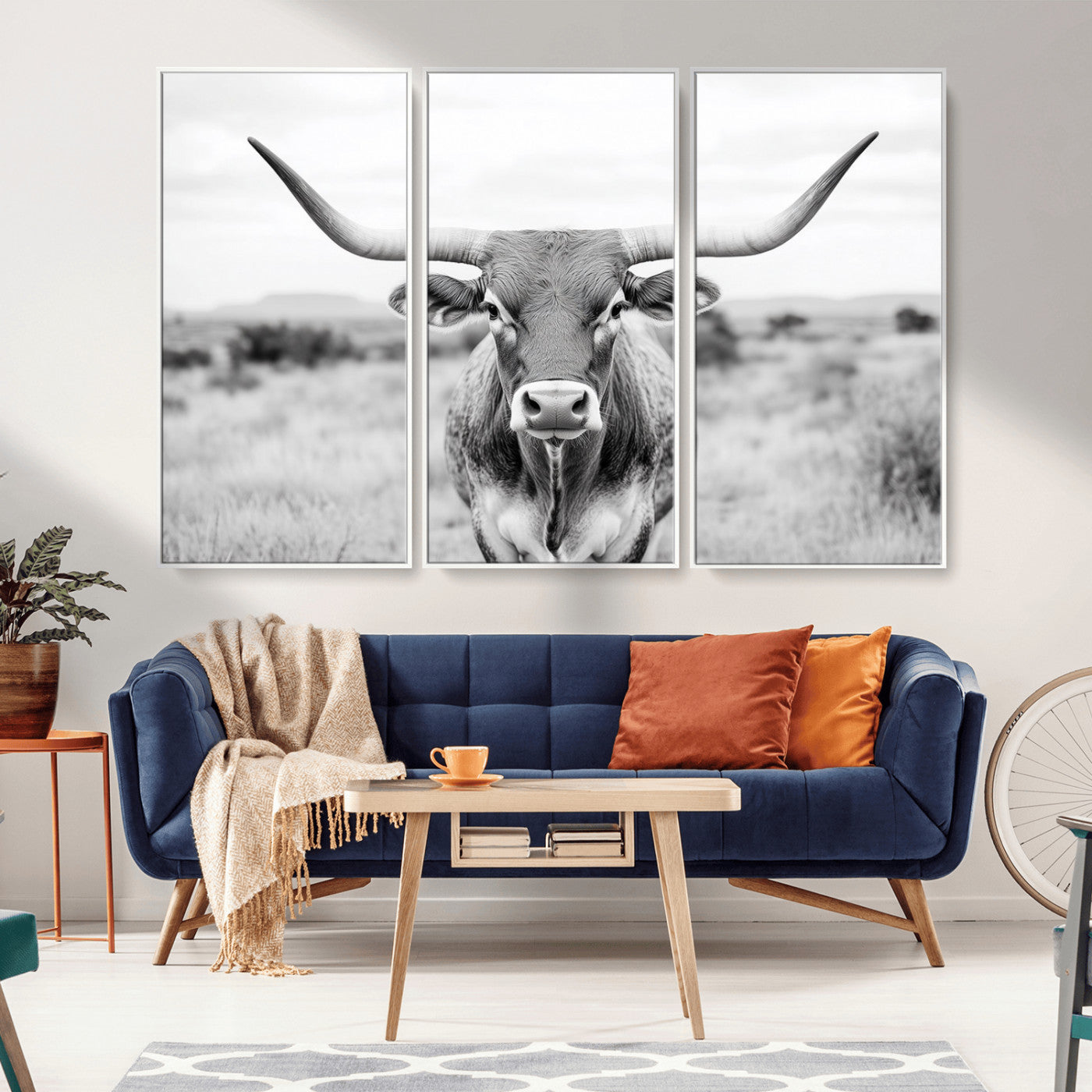 MGV-FC-48X32-3P - Highland Cow Wall Art Print - Black and White Texas Western Longhorn Canvas - Farmhouse Decor Print