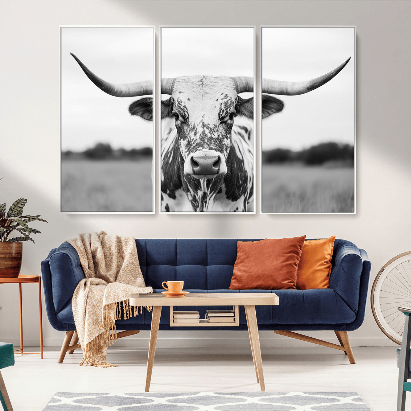 MGV-FC-48X32-3P - Highland Cow Wall Art - Black and White Western Longhorn Canvas Print - Farmhouse Living Room Decor