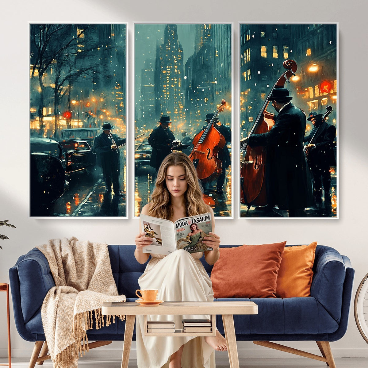 53391-MGV-CV-24X16 - Urban Night Jazz Wall Art Canvas Print | Moody Rain Soaked City Street Band Scene