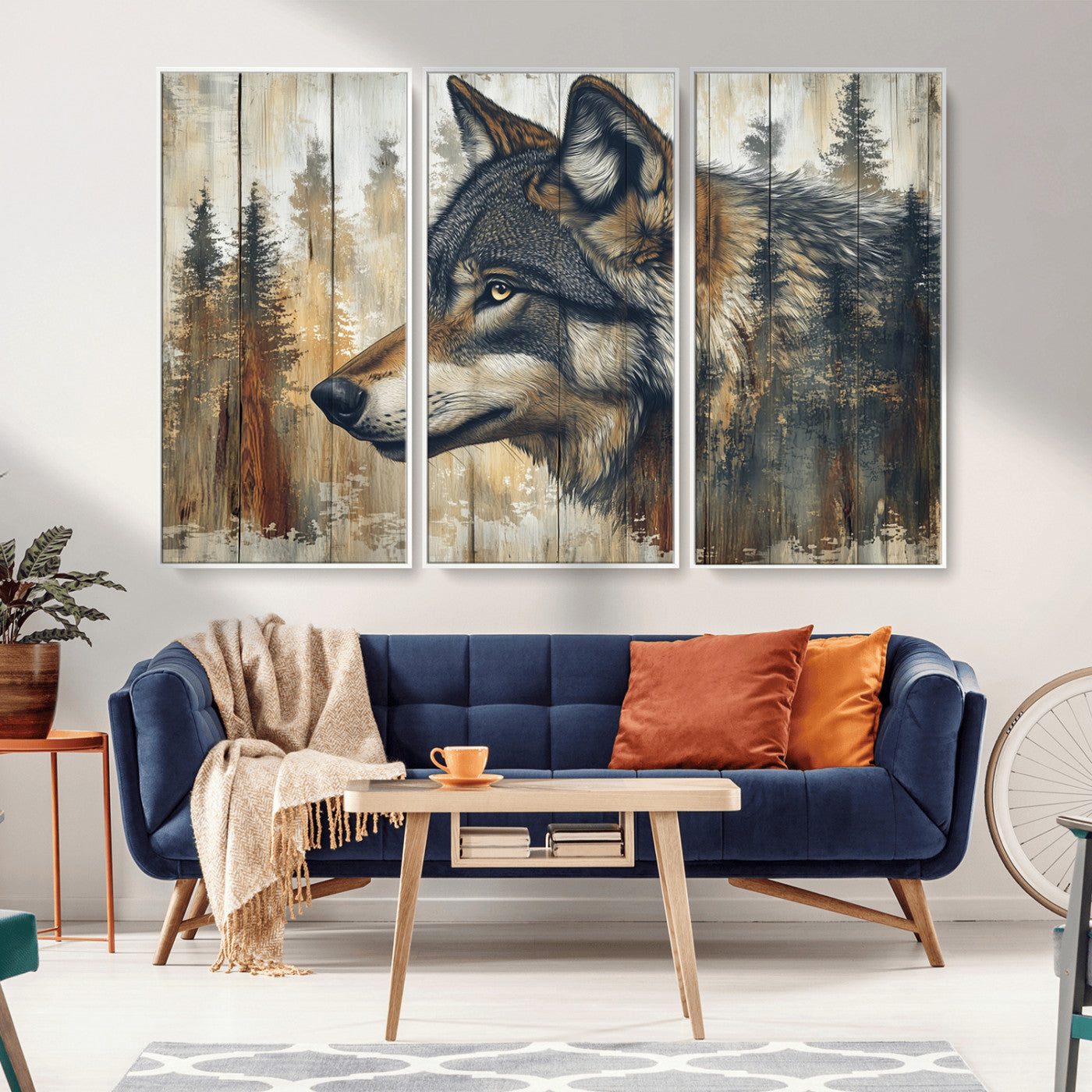 MGV-FC-48X32-3P - Rustic Wolf Wall Art Canvas Print, Vintage Woodland Wolf Wall Art