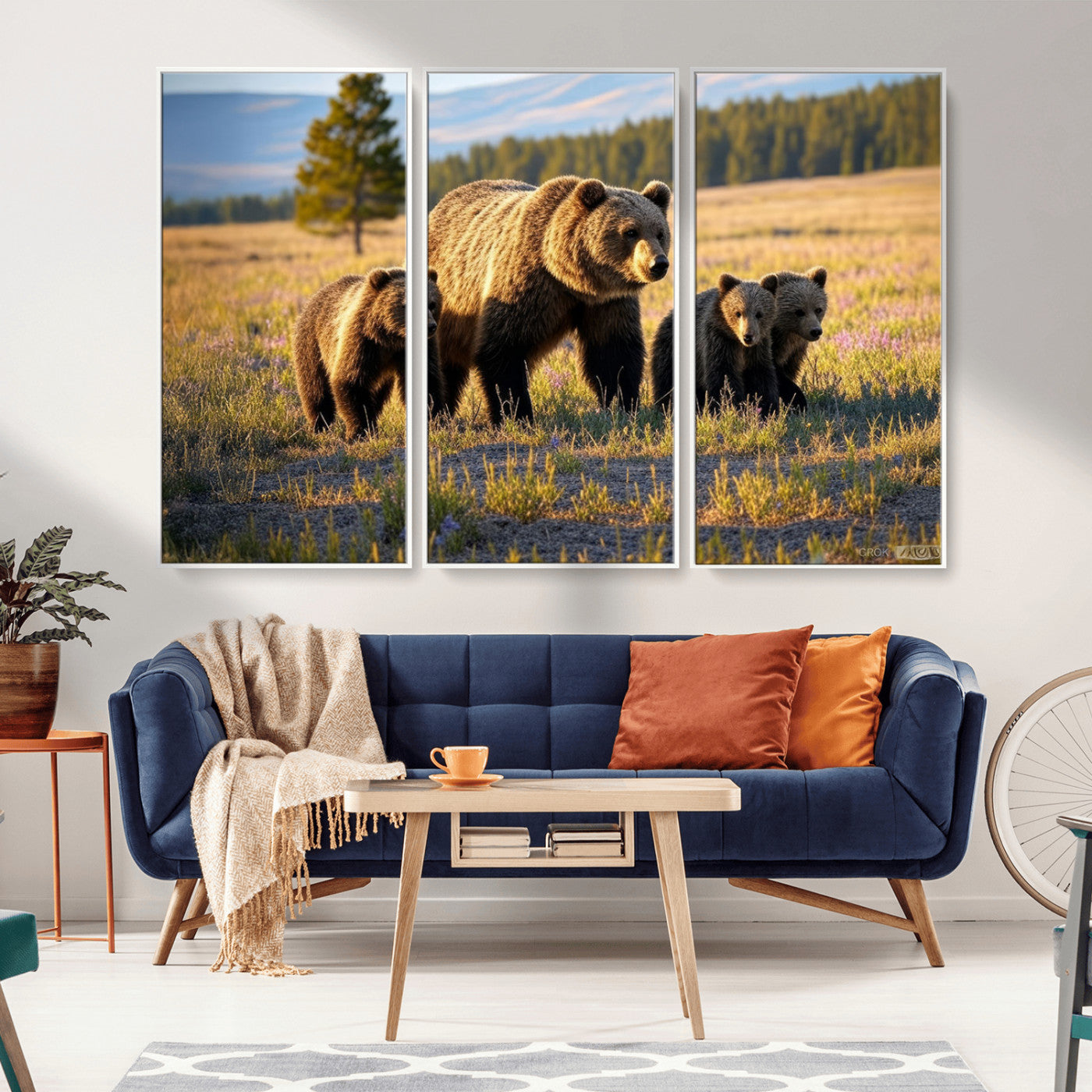 MGV-FC-48X32-3P - Grizzly 399 in Wild Flowers Wall Art Canvas Print, Grizzly Bears Wall Art, Queen of Grand Teton