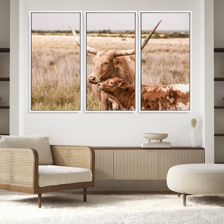 60320-MGV-FC-60X40-3P_White-Texas Longhorn Cow Wall Art Canvas Print for Farmhouse Wall Art, Texas Decor, Western Wall Art Print
