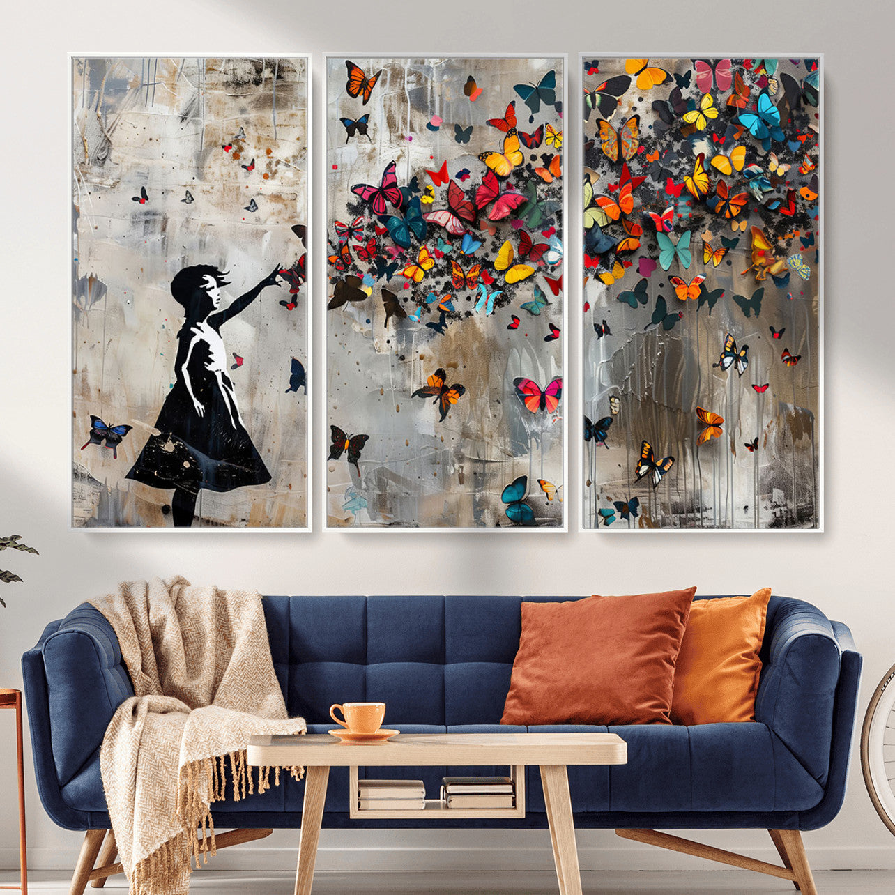 51446-MGV-CV-36X24 - Banksy Butterfly Girl Wall Art | 3-Piece Butterfly Girl Canvas