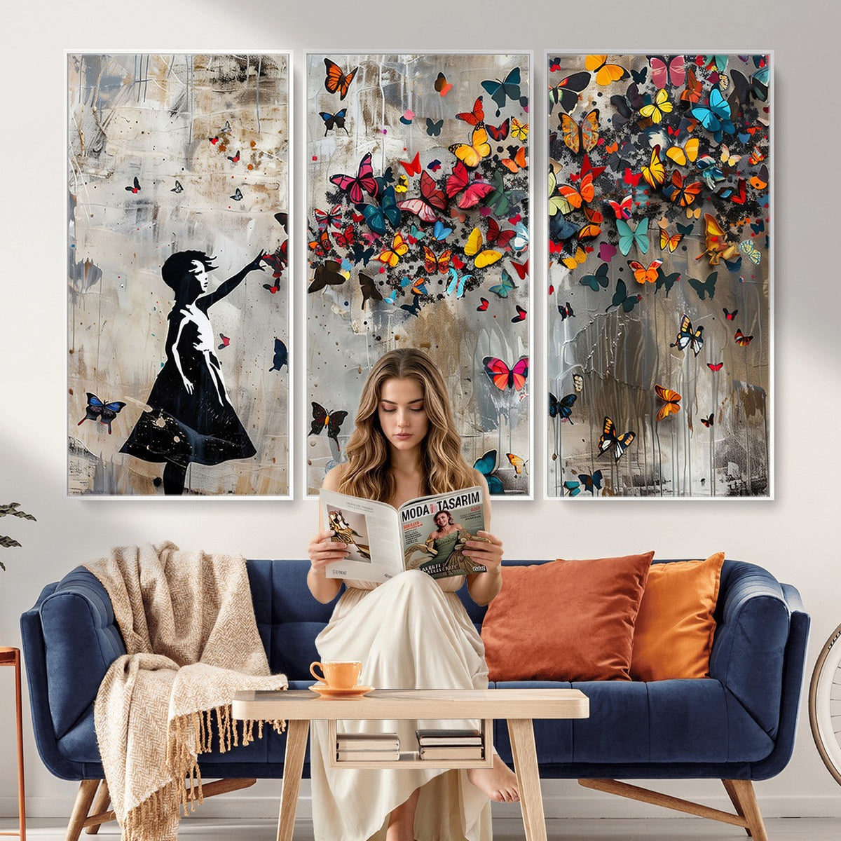 51446D-MGV-CV-24X16 - Banksy Butterfly Girl Wall Art | Modern Graffiti Canvas Print, Street Art Decor