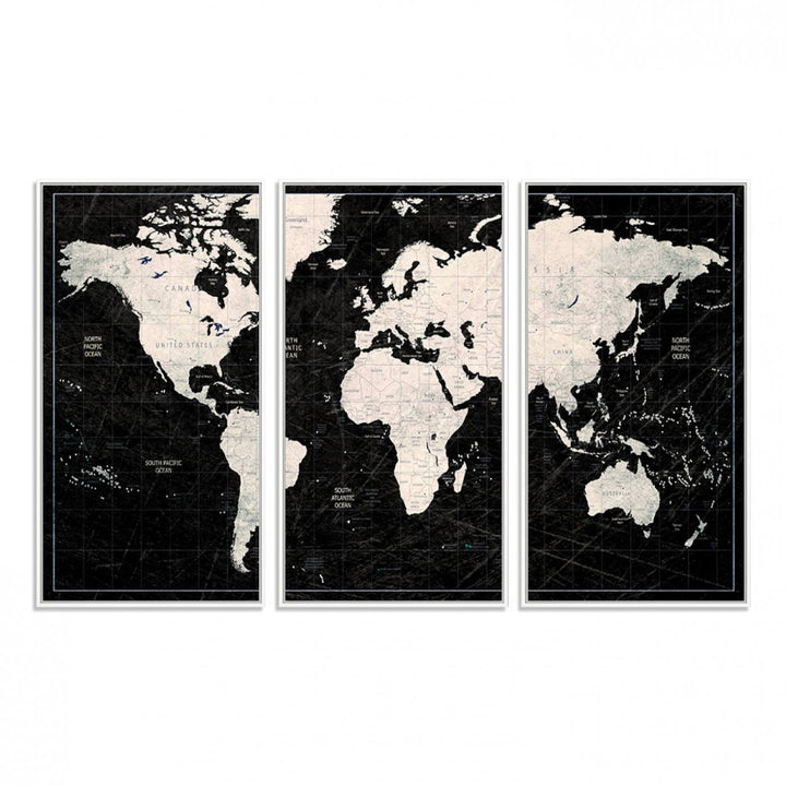 A bold global style framed black and white world map canvas print, presented in three panels, perfect for modern home or office decor.