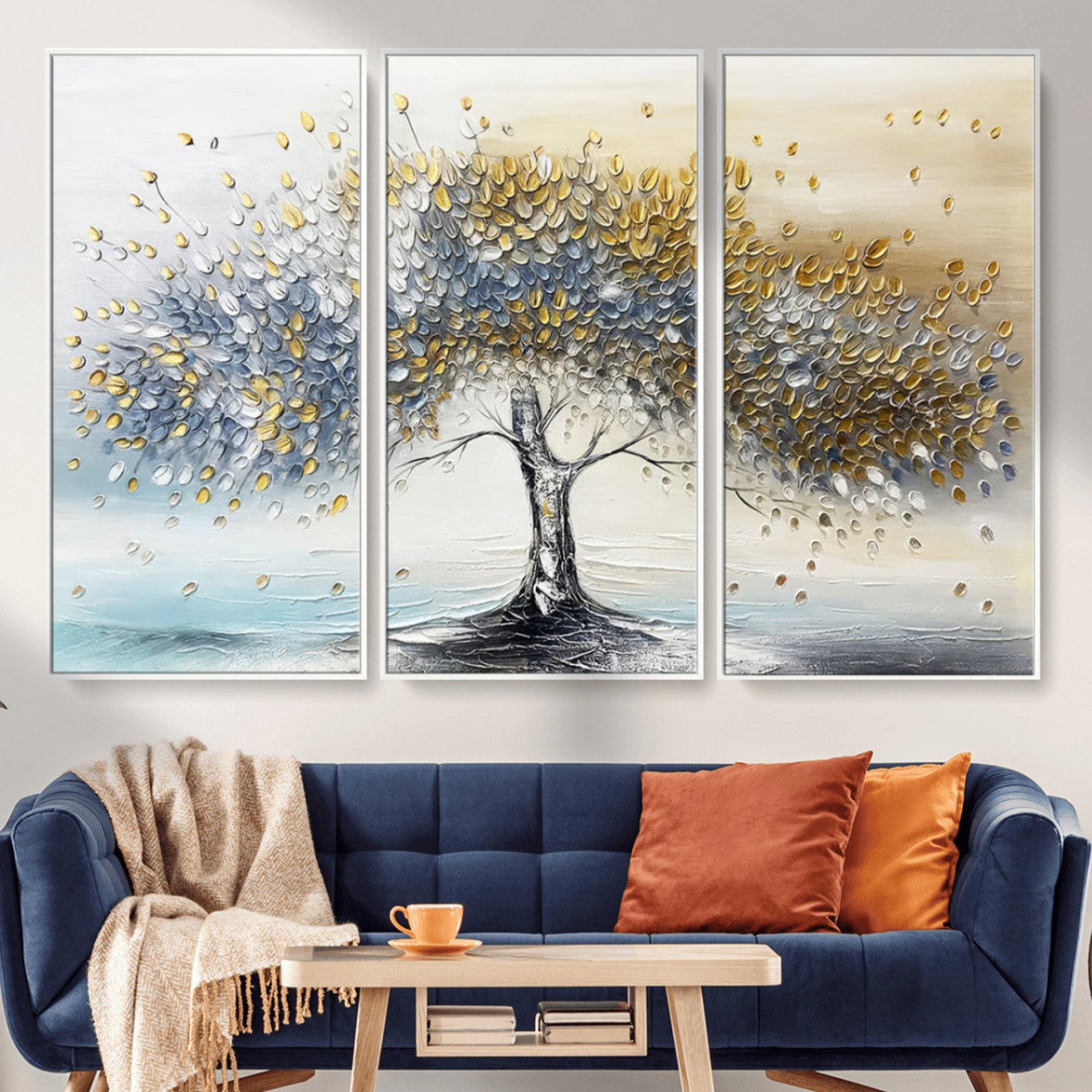 Canvas of a silver and gold textured tree with a soft neutral background, ideal for elegant and minimalist home decor styles.