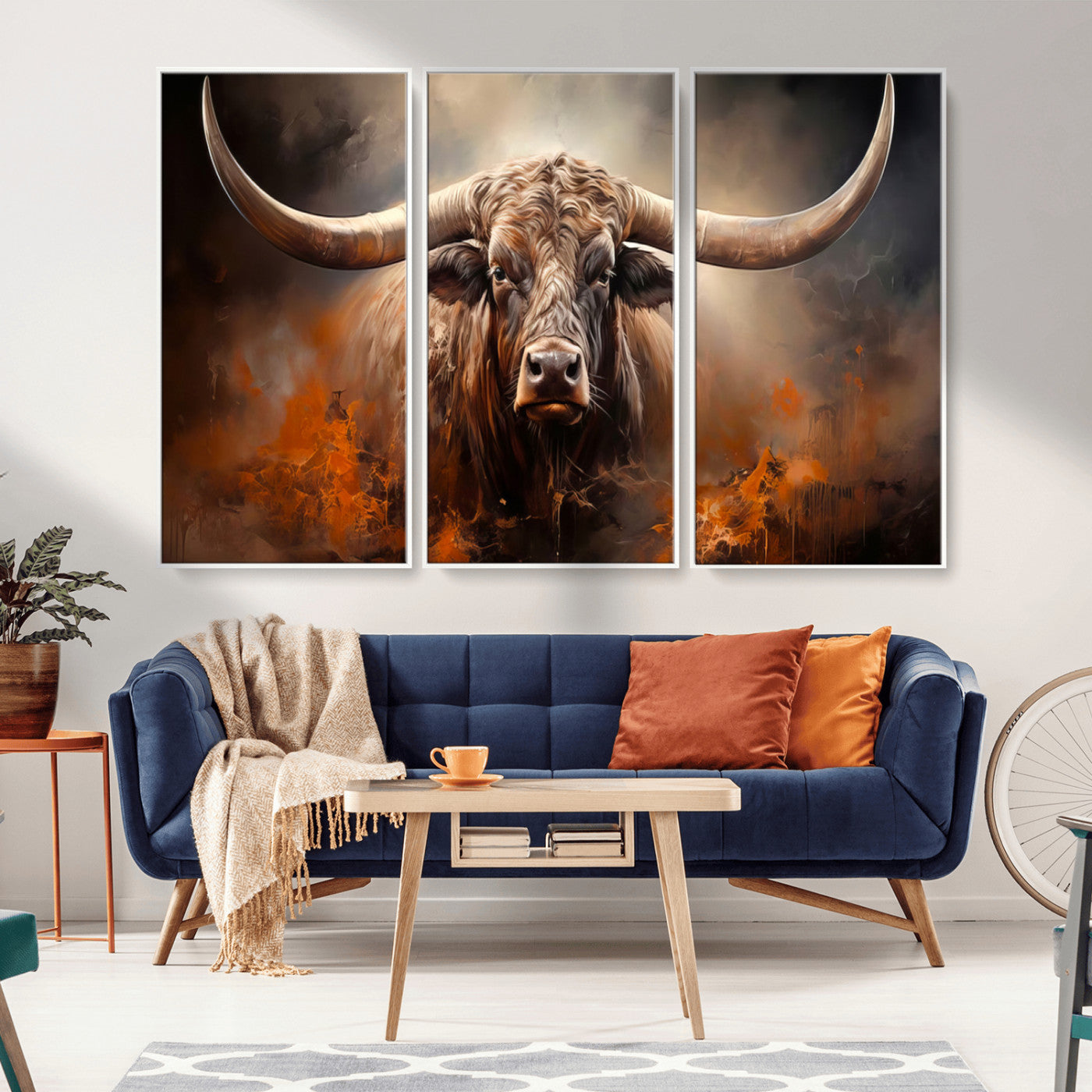 MGV-FC-48X32-3P - Highland Bull Canvas Abstract Canvas Wall Art Print – Powerful Highland Bull with Striking Horns in