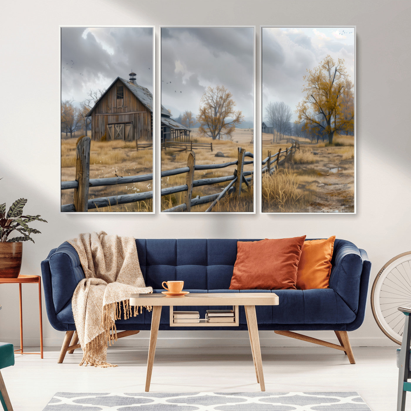 MGV-FC-48X32-3P - Rustic Autumn Farmhouse Wall Art Canvas Print – Serene Countryside Scene with Weathered Barn and
