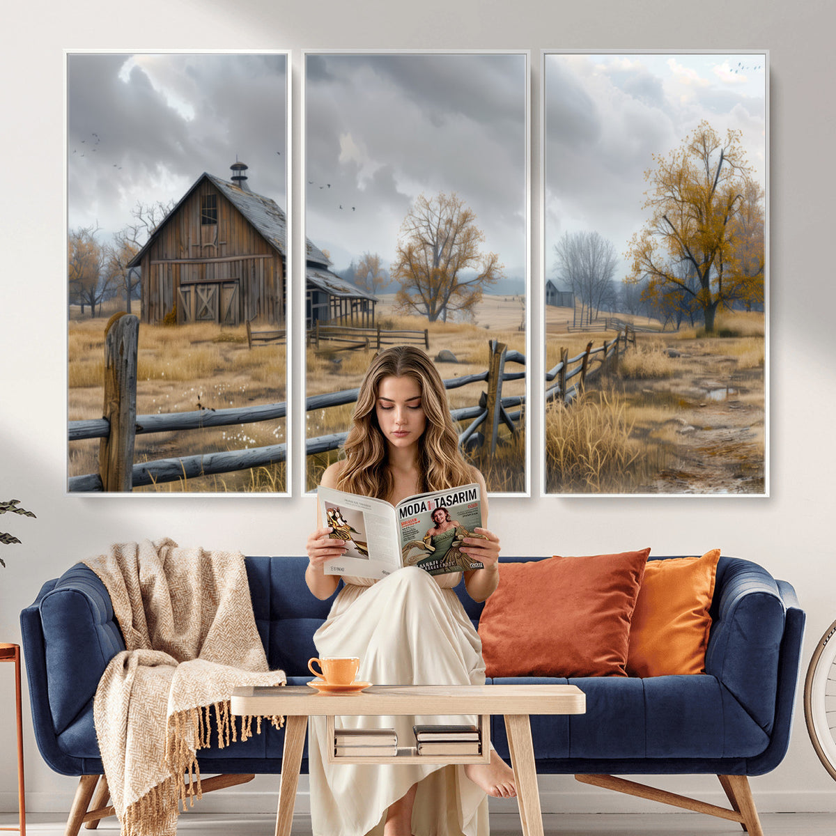 Farm1-MGV-CV-36X24 - Rustic Autumn Farmhouse Wall Art Canvas Print | Serene Countryside with Weathered Barn