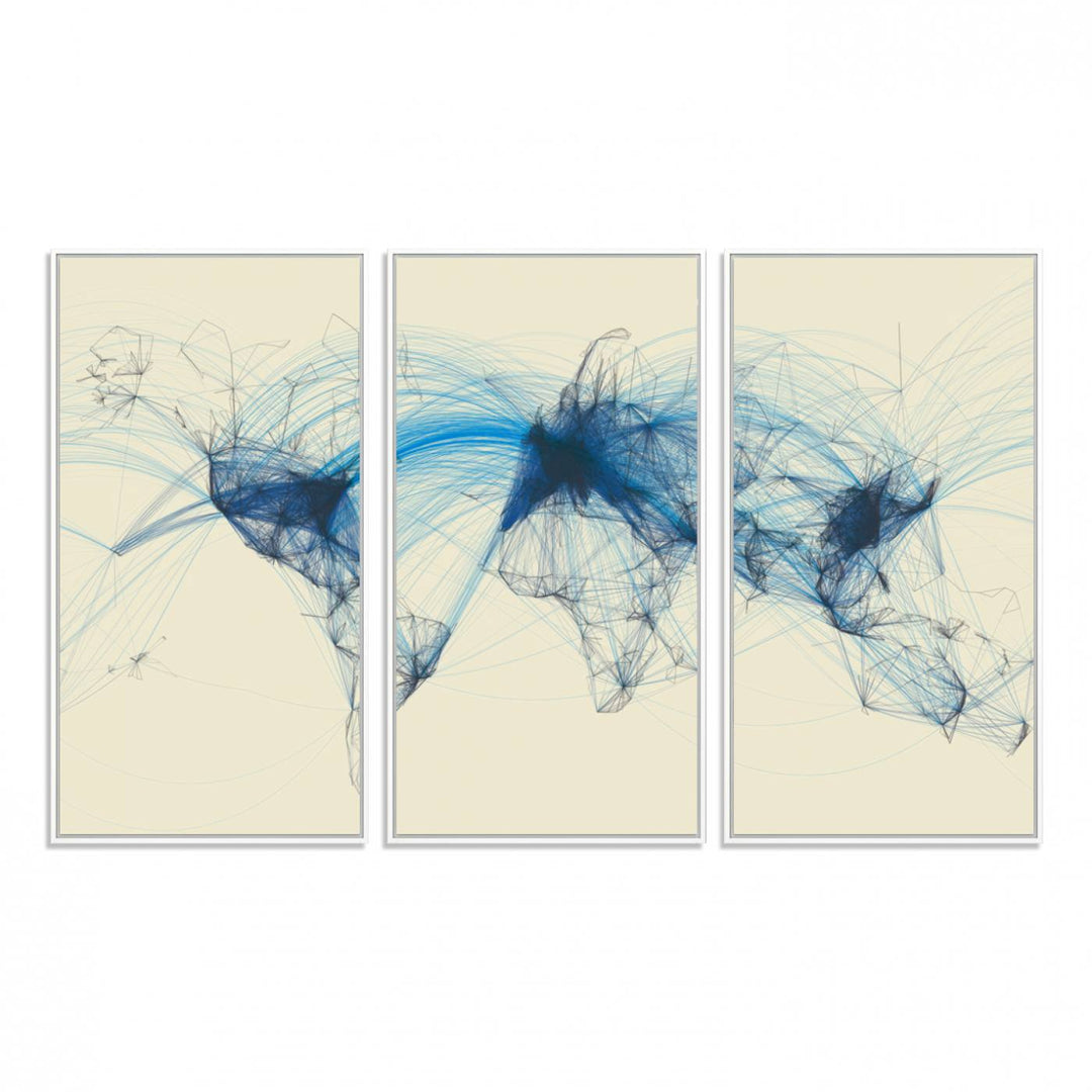 Flight Routes Map: Air Traffic Avi World Map featuring blue lines symbolizing global data. Ideal for home decor and ready to hang.