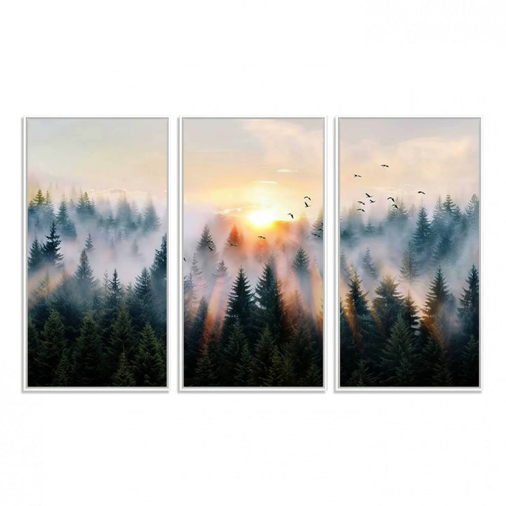 Sunrise over a misty forest with rays filtering through trees in the Abstract Forest Wall Art featuring soaring birds.