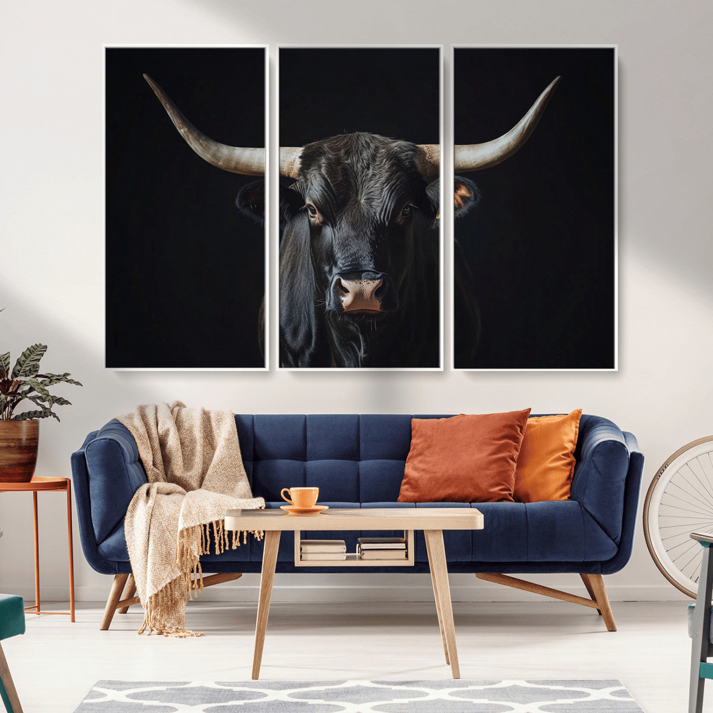 Canvas of a black longhorn bull against a dark background, featuring moody tones and western character for rustic or cowboy-inspired spaces.