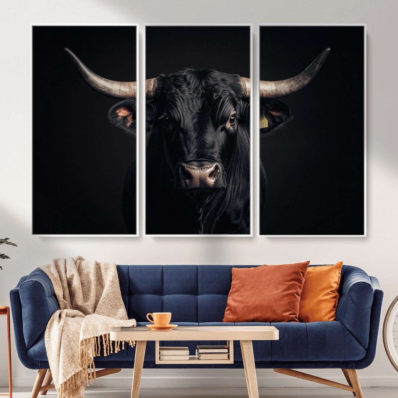 MGV-FC-48X32-3P - Black Bull Wall Art – Framed Horned Bull Canvas Artwork, Western Cattle Design, Rustic Ranch Style Decor for Home, Office