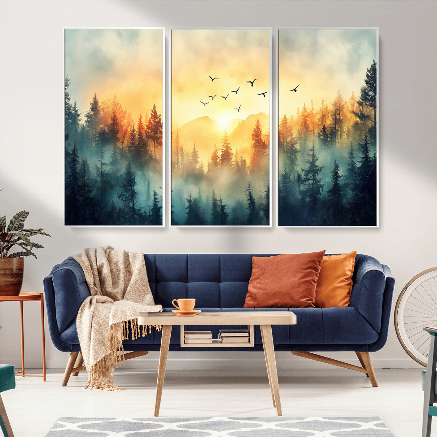 Canvas of a misty pine forest at sunrise with golden light and birds flying across the sky, perfect for tranquil nature-themed wall decor.