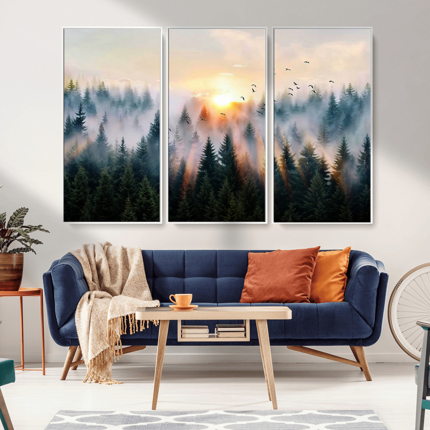 Canvas of a misty pine forest at sunrise with birds flying through golden morning rays, perfect for serene and moody woodland-style home decor.