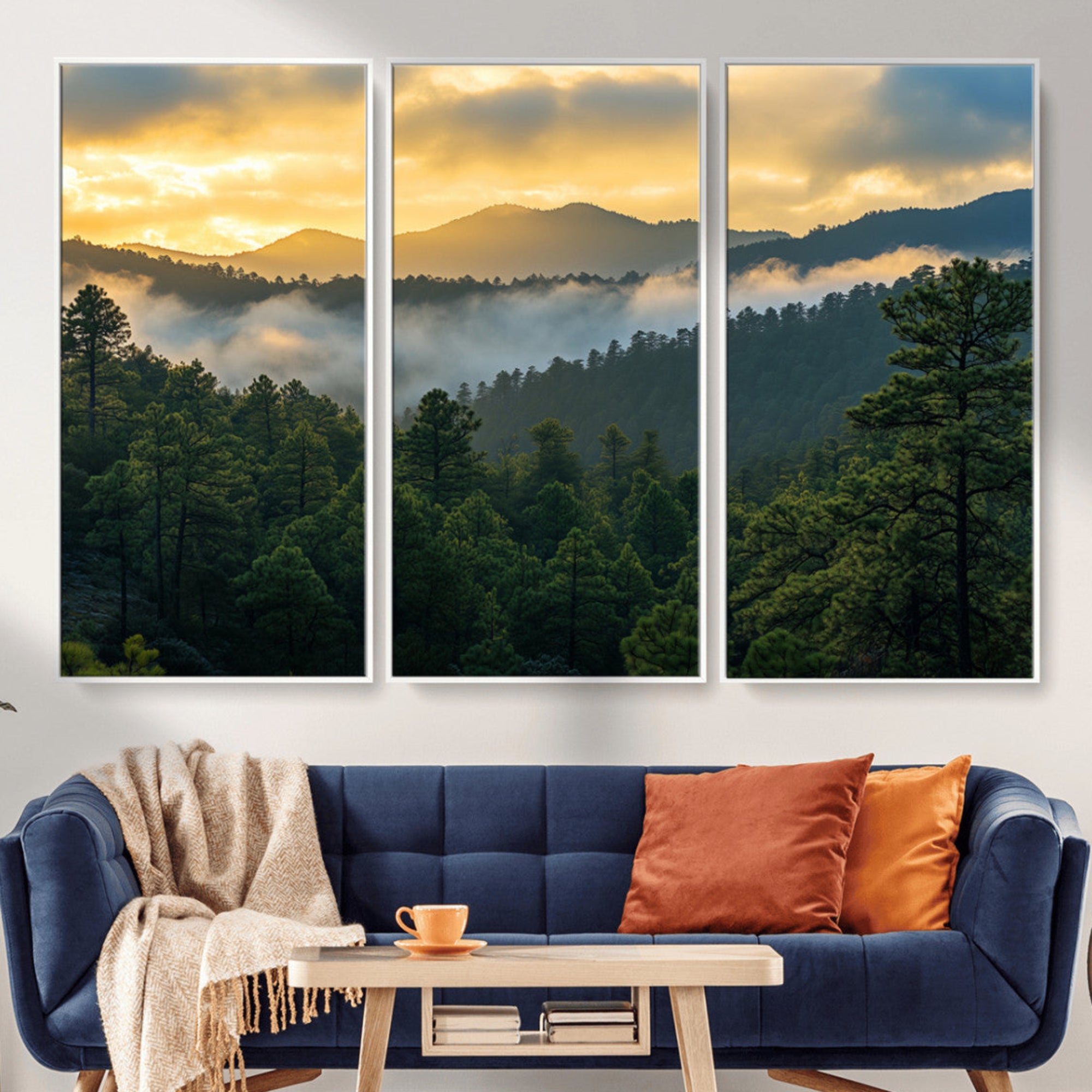 Canvas of misty pine-covered mountains at sunrise, featuring golden light and fog layers, ideal for tranquil earthy home decor.