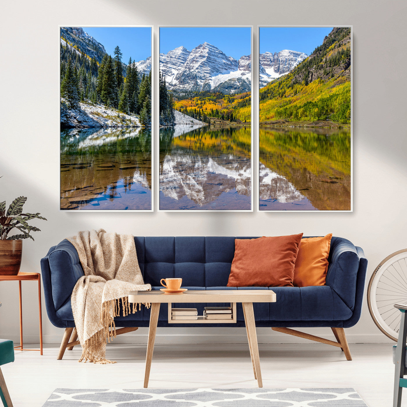 Canvas of Maroon Bells reflected in a clear alpine lake, with golden aspens and snowy peaks, ideal for crisp autumn or mountain-themed decor.
