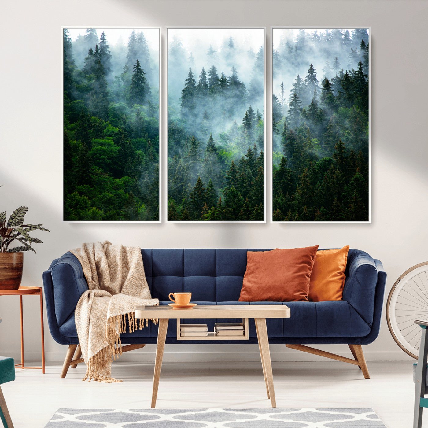 A captivating view of a dense pine forest blanketed in drifting fog, evoking a mystical and tranquil atmosphere.