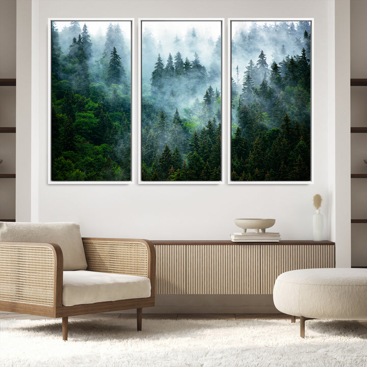 Misty Forest Art Wall Art Canvas Print, Foggy Mountain Art Print, Framed Scenic Wall Print Art Print, Large Woodland Canvas Printing Perfect for  Decor