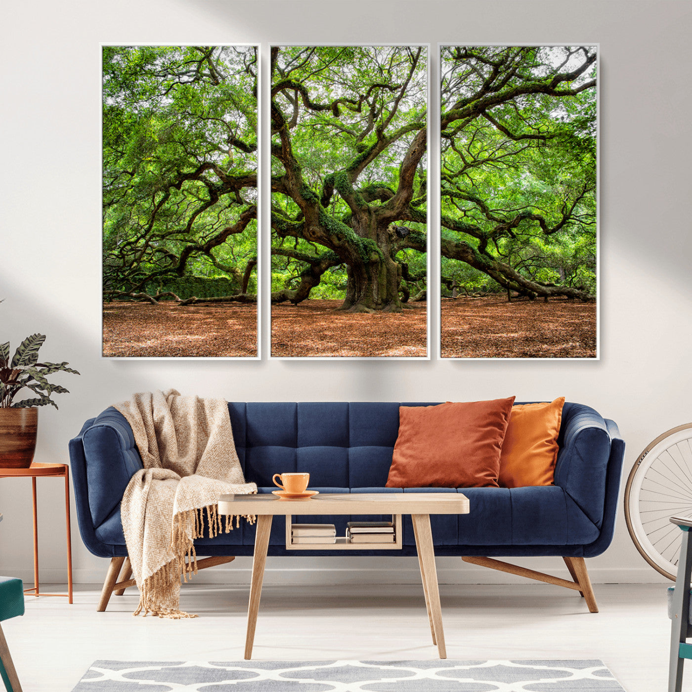 A majestic, ancient tree with expansive, twisting branches spreading wide under a dense, vibrant green canopy in a serene forest clearing.