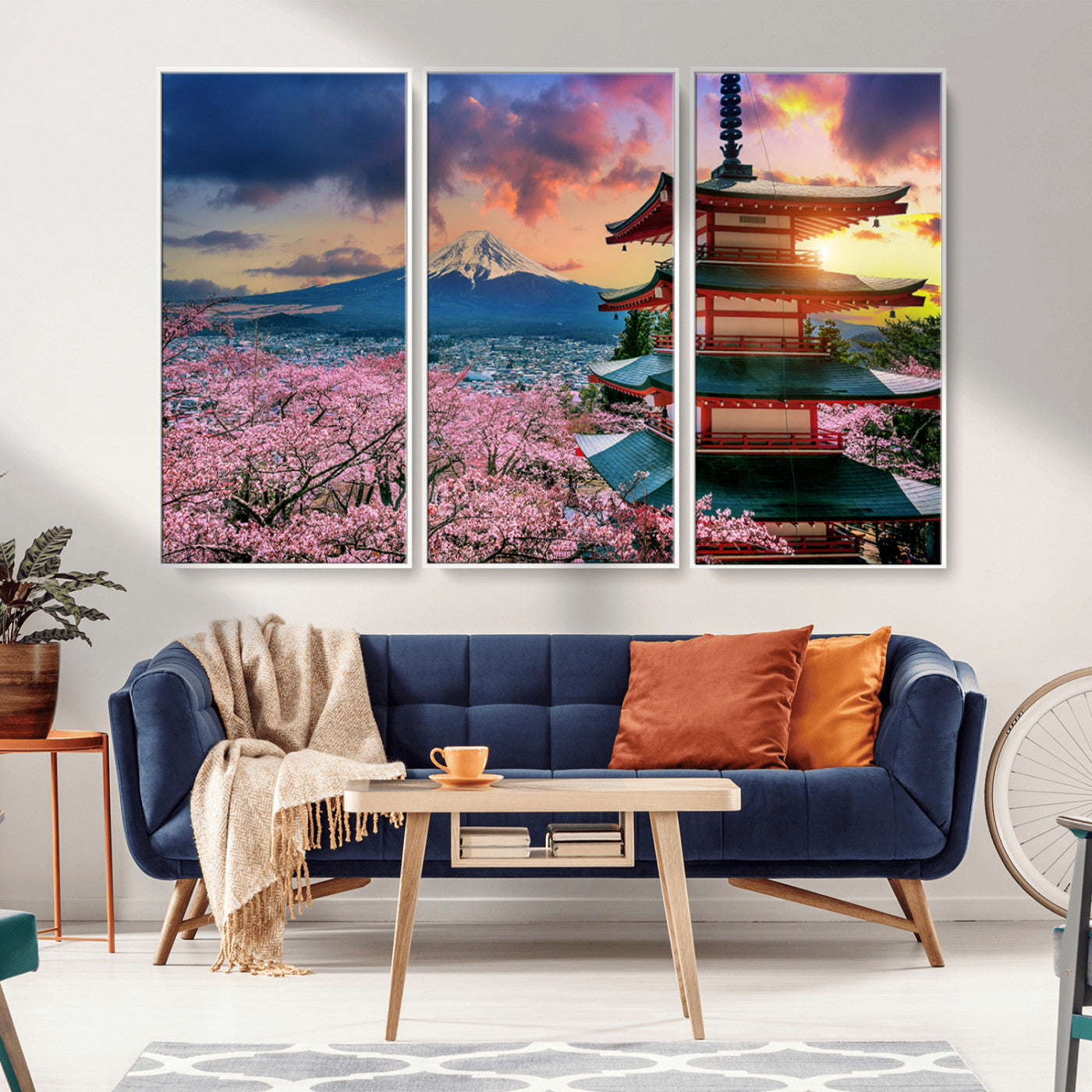 MGV-FC-48X32-3P - Mount Fuji & Cherry Blossom Wall Art Canvas Print – Iconic Japanese Landscape, Sakura Pagoda Sunset,