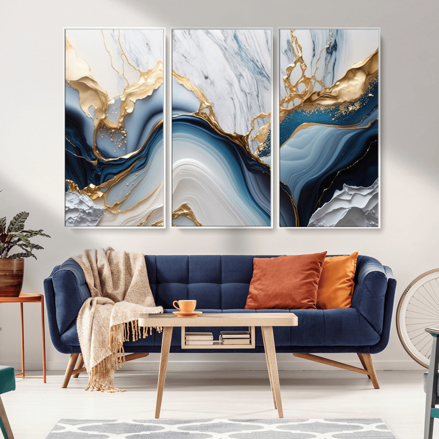 Abstract canvas with blue marble textures and flowing gold veins, ideal for modern luxury or coastal-inspired interior decor.