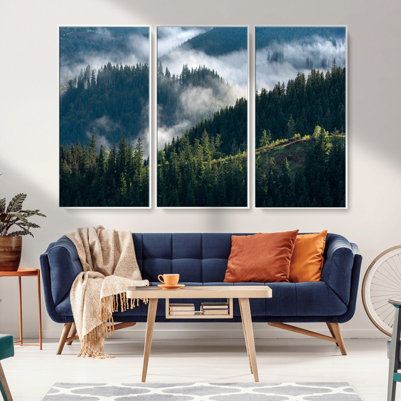 Moody canvas of misty pine forests over layered hills, perfect for cool-toned nature-inspired or woodland-style home decor.