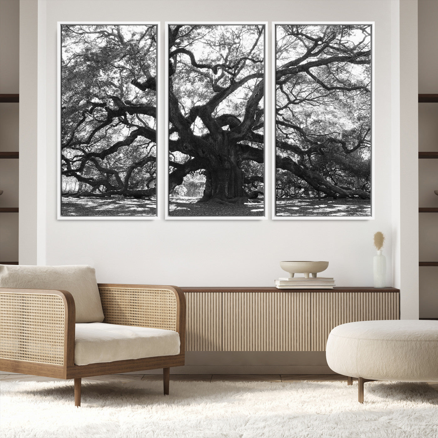 81655611-MGV-FC-48X32-3P-Ancient Oak Wall Art Canvas Print, Framed Twisted Branches Art Picture Print, Gnarled Tree Perfect Moody Nature Decor